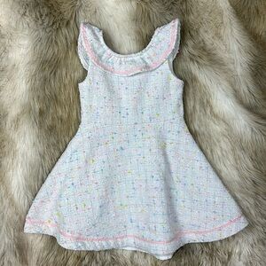 Size 5 Janie and Jack Charming White and Pink Tweed Ruffle Neckline Kids Dress